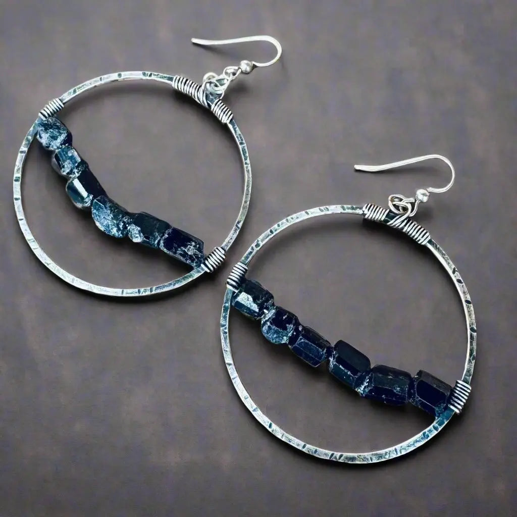 Platinum Sterling Silver Black Diamond Hoop Earrings Large selling Hoop Earrings Black Tourmaline Skull Black Diamond Earrings