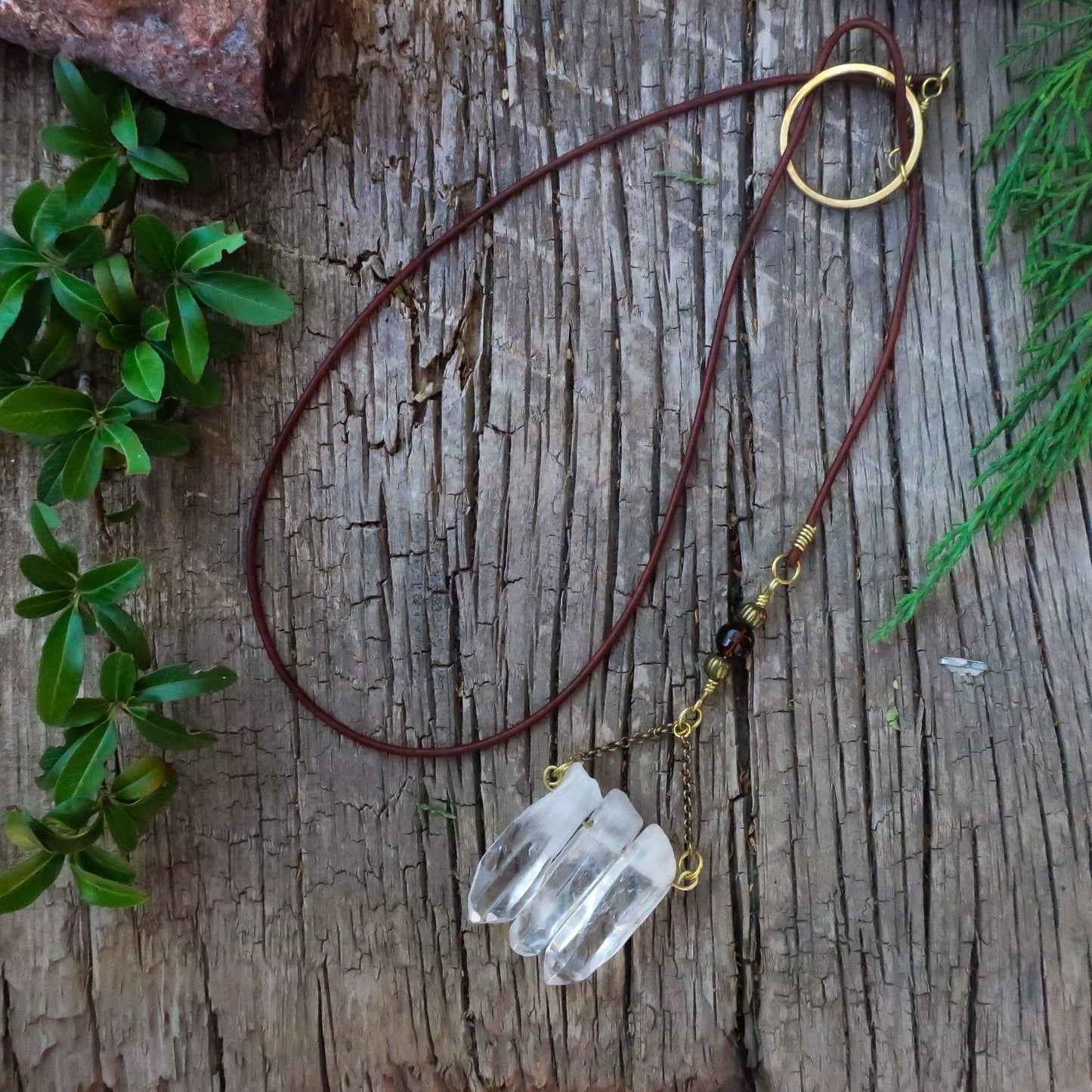 3 Point Quartz Lariat Talisman Necklace | Brass & Leather - Blackbird & Sage