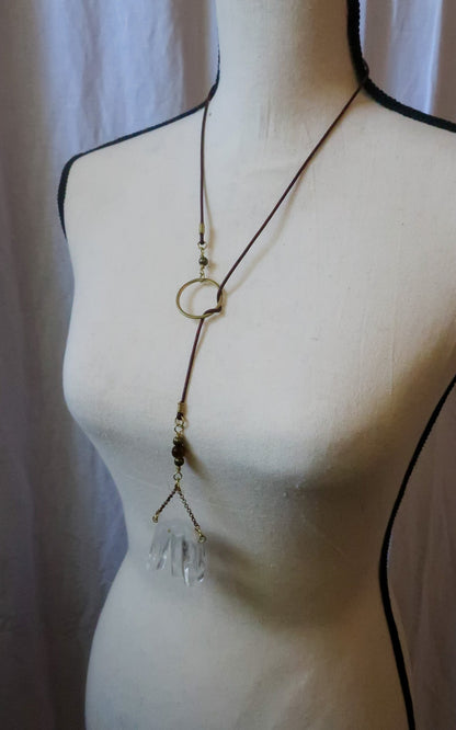 3 Point Quartz Lariat Talisman Necklace | Brass & Leather - Blackbird & Sage