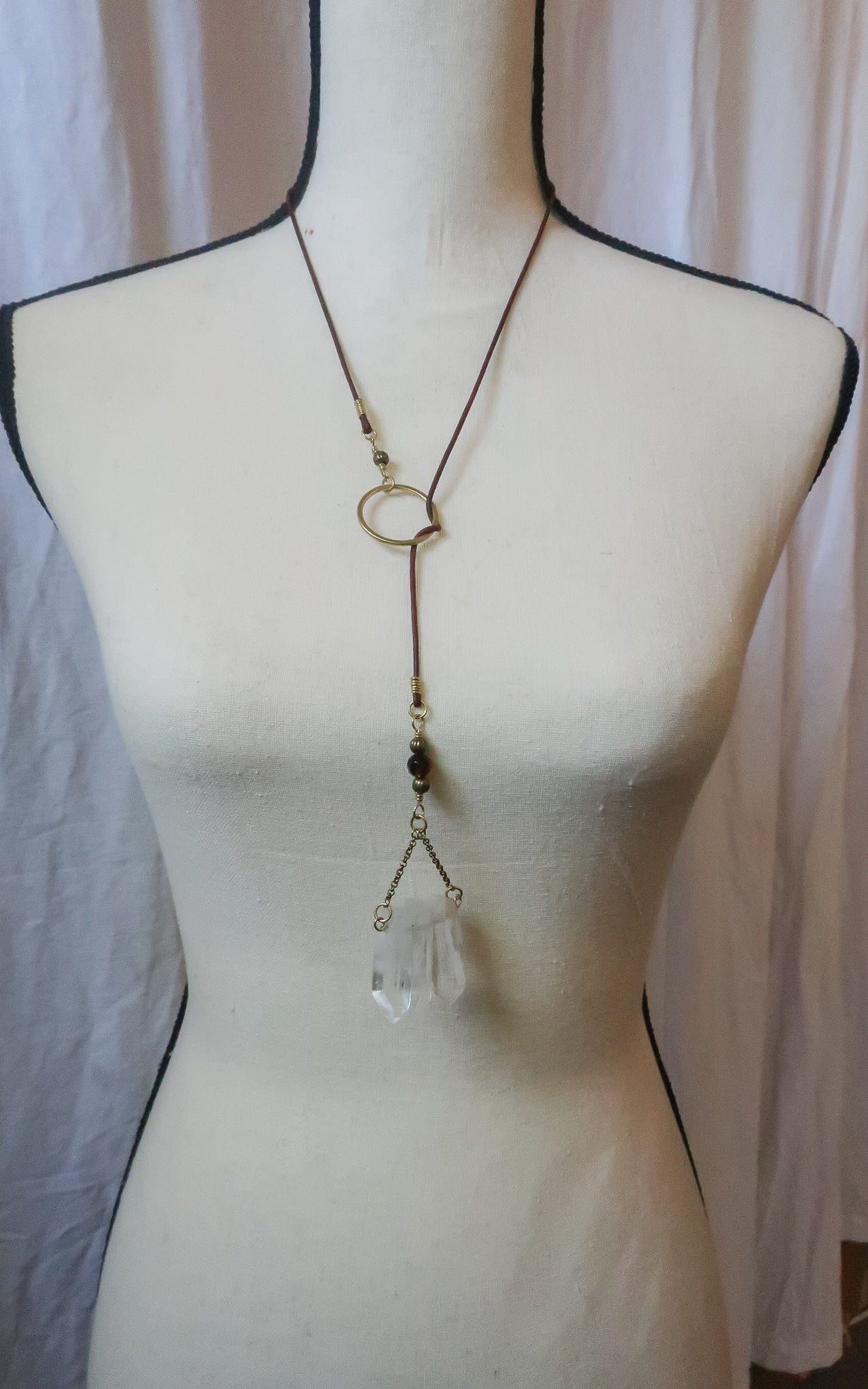 3 Point Quartz Lariat Talisman Necklace | Brass & Leather - Blackbird & Sage