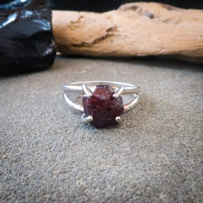 Raw Garnet Nugget Ring Set in Sterling Silver | Size 7 - Blackbird & Sage Jewelry