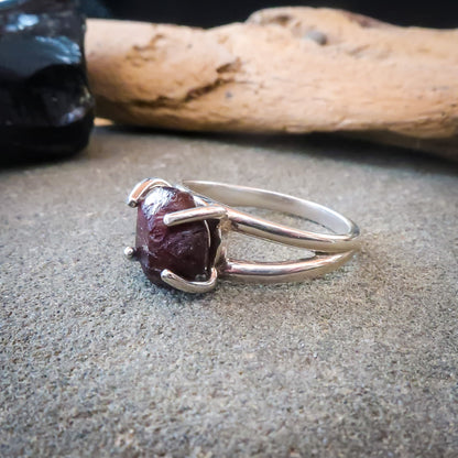 Raw Garnet Nugget Ring Set in Sterling Silver | Size 7 - Blackbird & Sage Jewelry