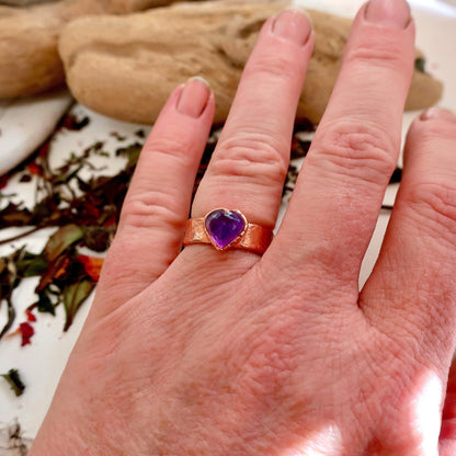 Amethyst Heart Wide Band Copper Ring - Blackbird & Sage