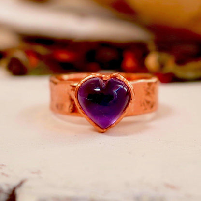 Amethyst Heart Wide Band Copper Ring - Blackbird & Sage