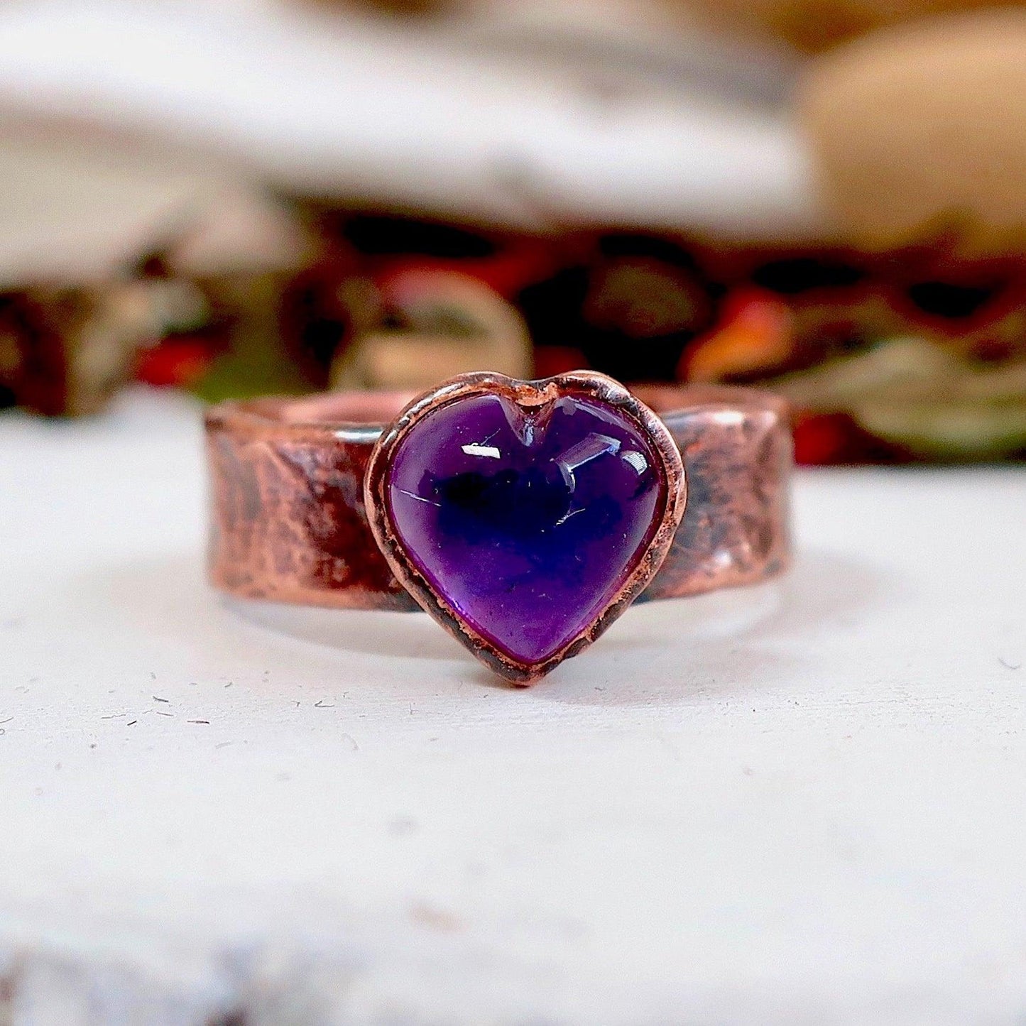 Amethyst Heart Wide Band Copper Ring - Blackbird & Sage