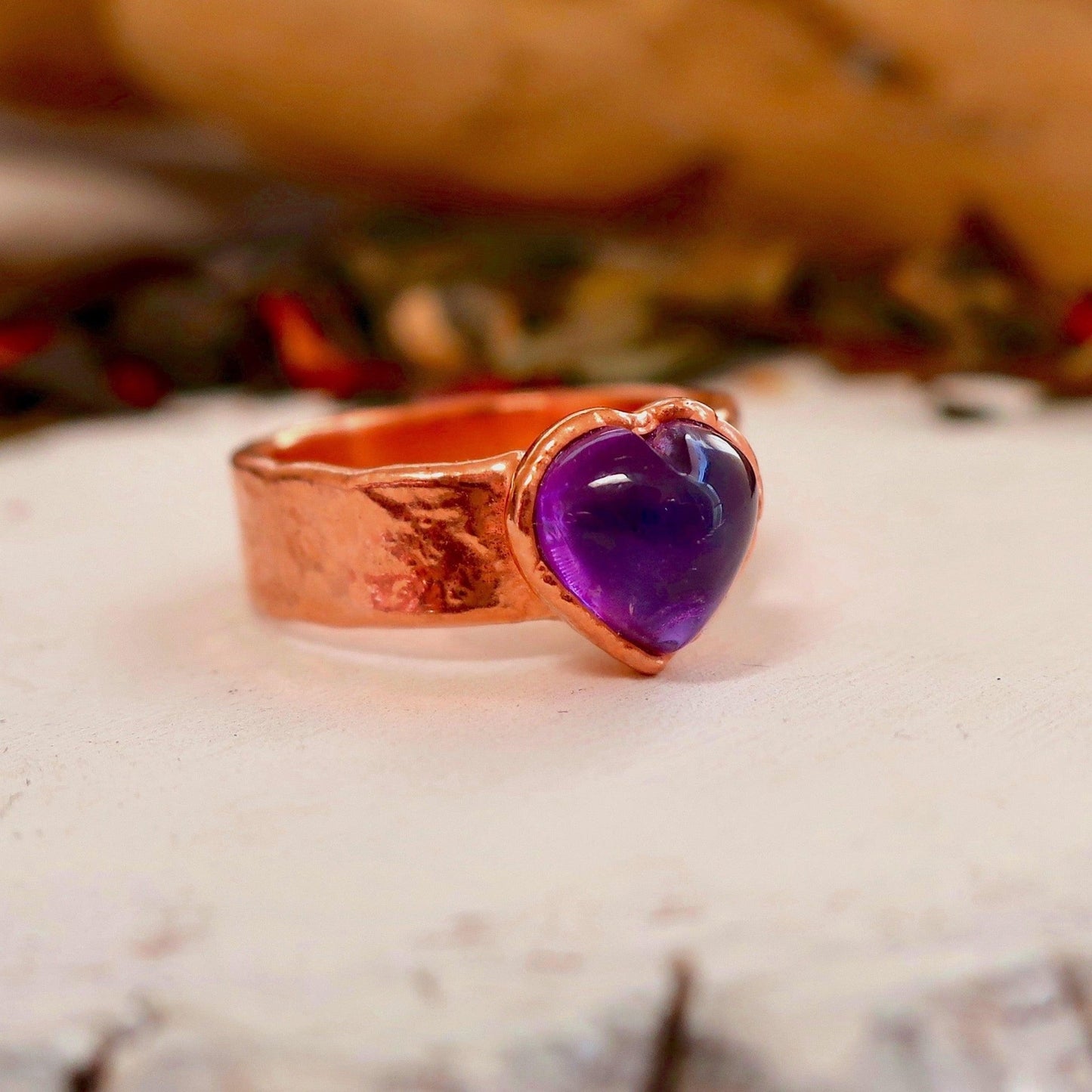 Amethyst Heart Wide Band Copper Ring - Blackbird & Sage