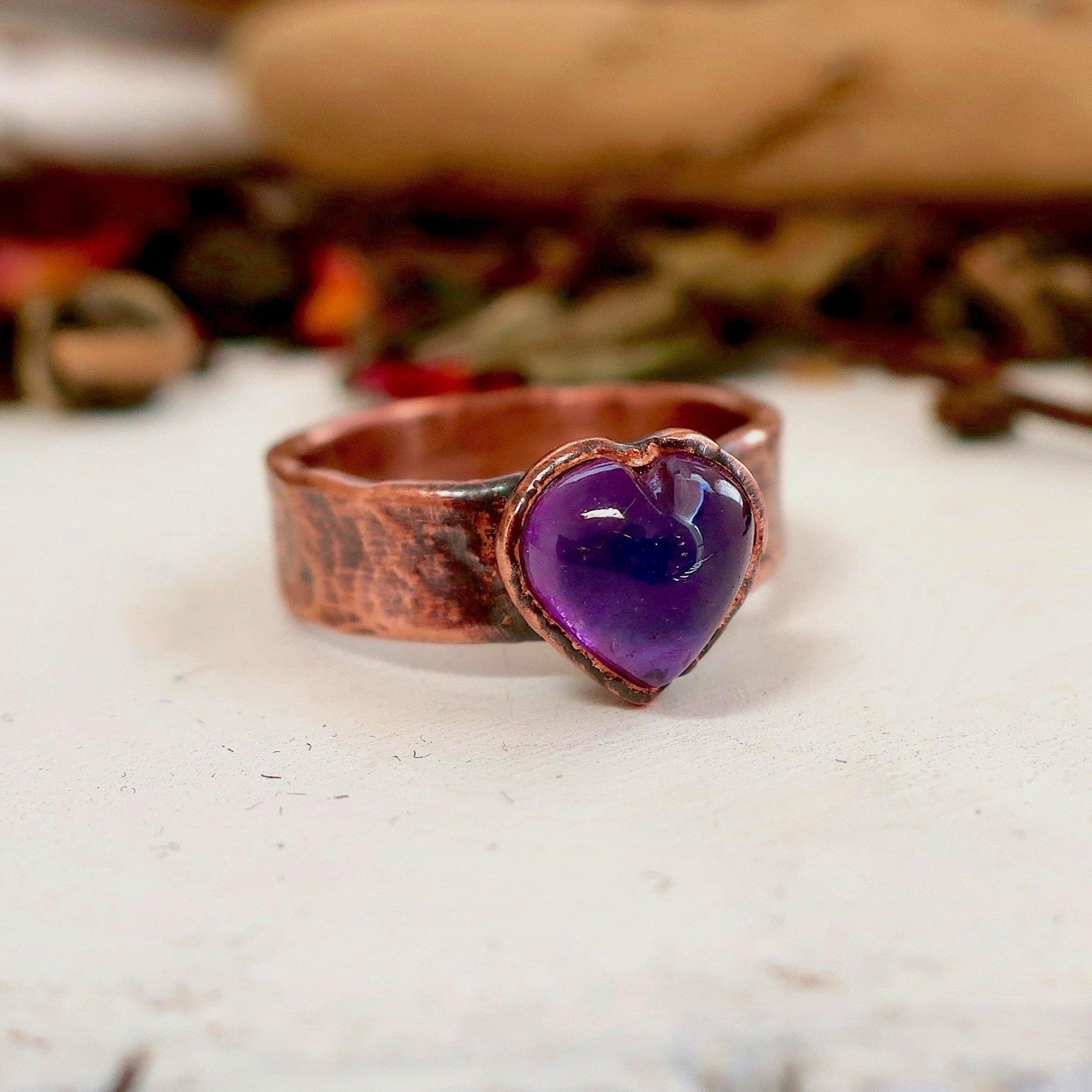 Amethyst Heart Wide Band Copper Ring - Blackbird & Sage