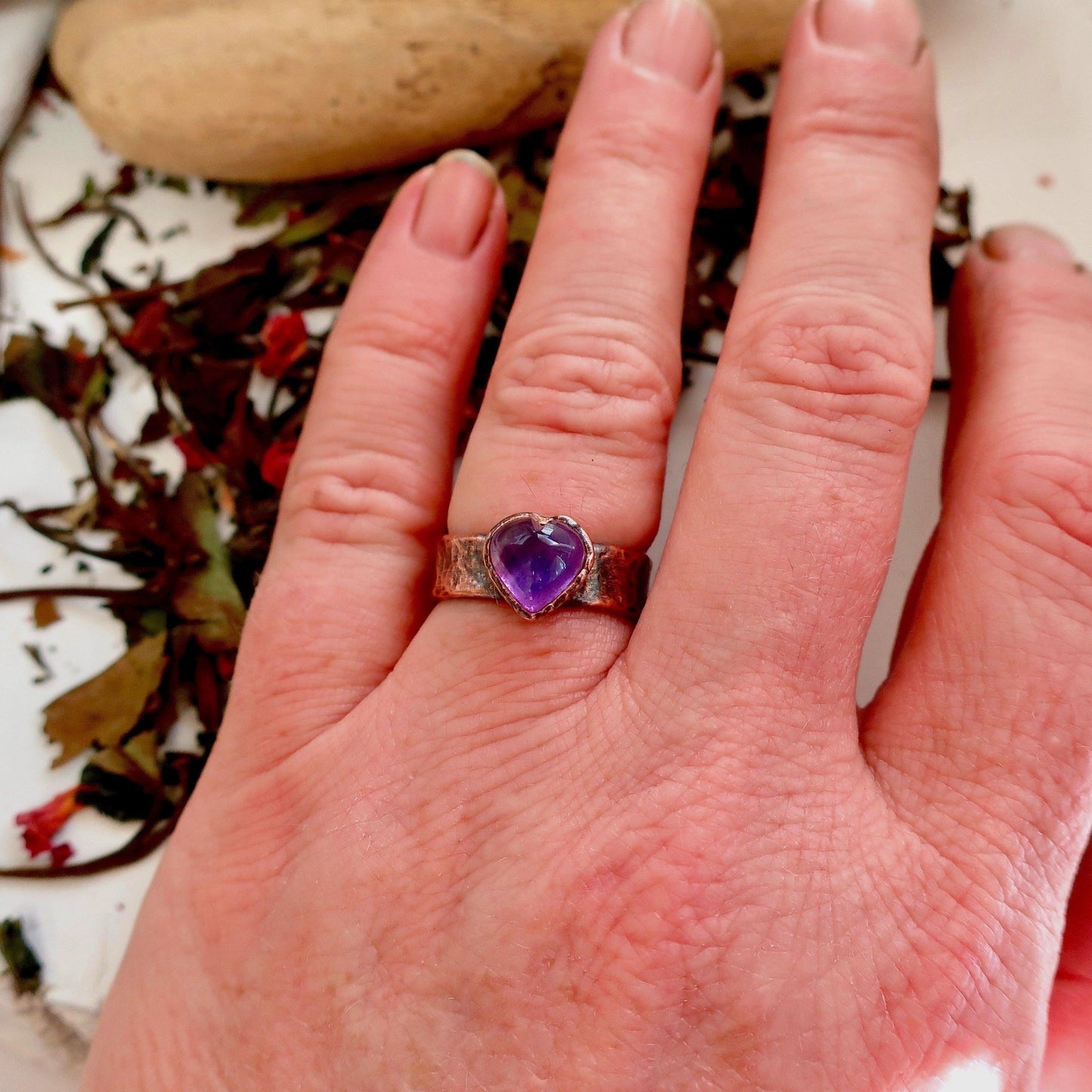 Amethyst Heart Wide Band Copper Ring - Blackbird & Sage