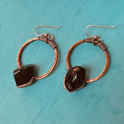 Black Tourmaline Small Hoop Earrings | Copper - Blackbird & Sage