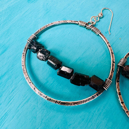 Black Tourmaline Hoop Earrings | Sterling Silver - Blackbird & Sage