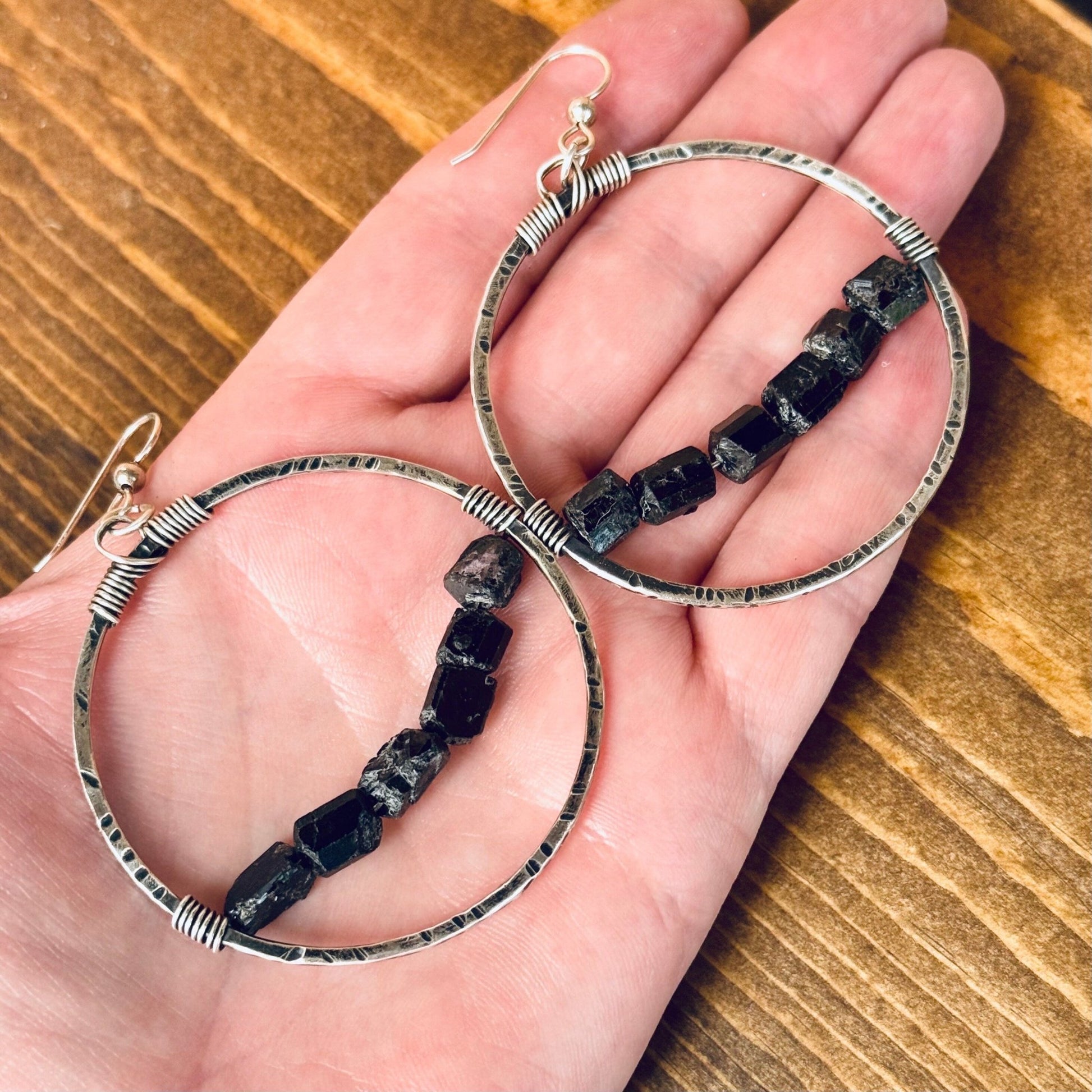 Black Tourmaline Hoop Earrings | Sterling Silver - Blackbird & Sage