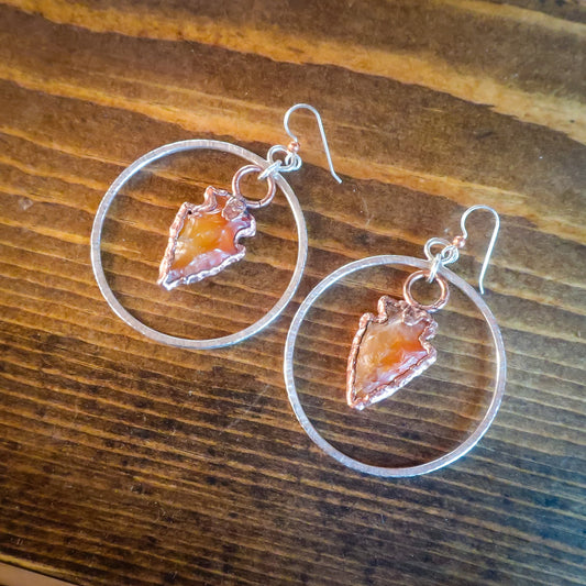 Carnelian Arrowhead Hoop Earrings | Copper & Silver - Blackbird & Sage