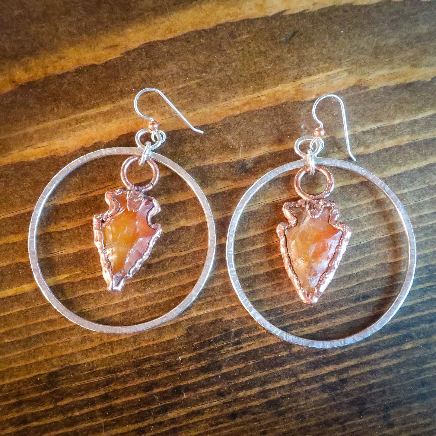 Carnelian Arrowhead Hoop Earrings | Copper & Silver - Blackbird & Sage