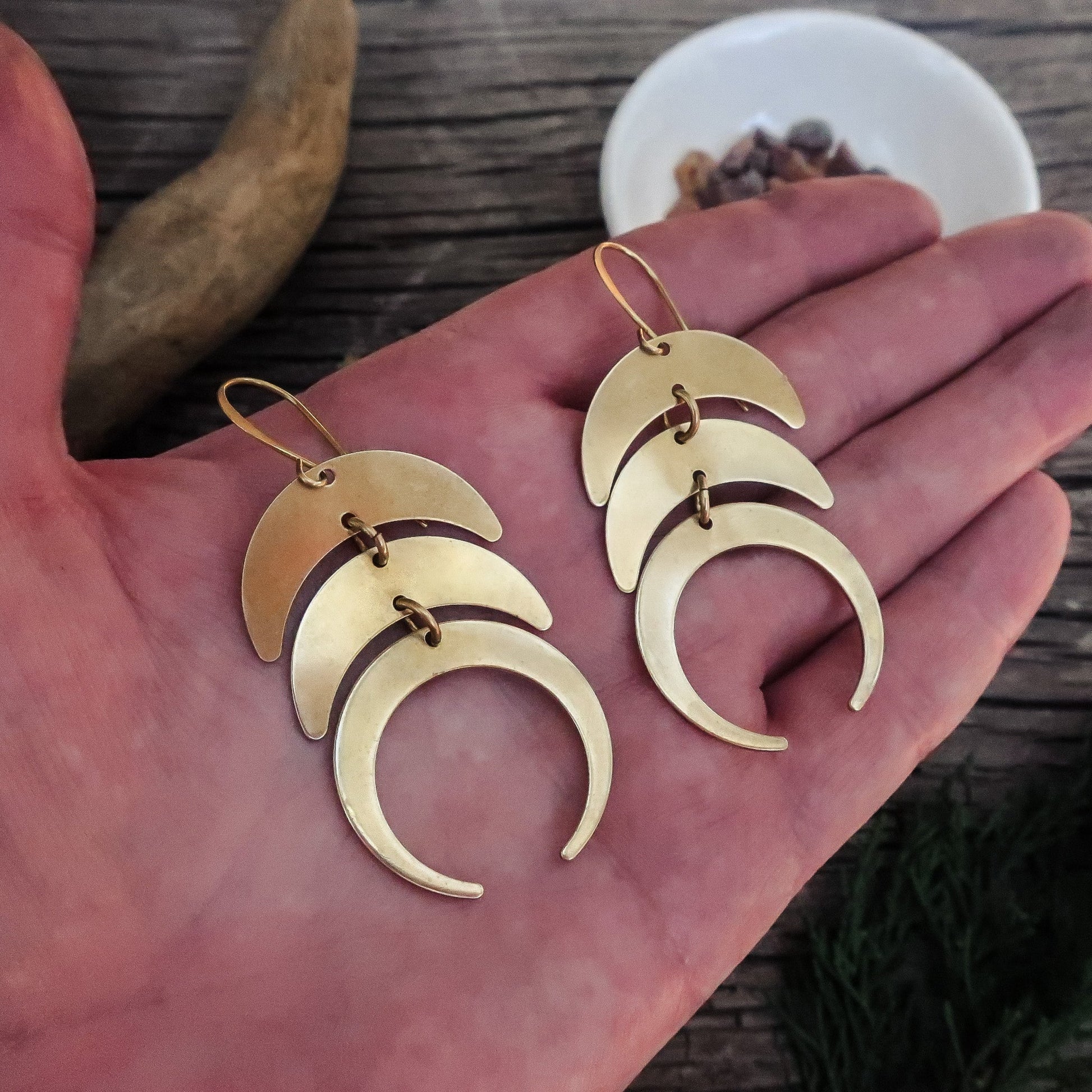 Celestial Triple Moon Earrings | Brass - Lotus Moon Atelier by Blackbird & Sage