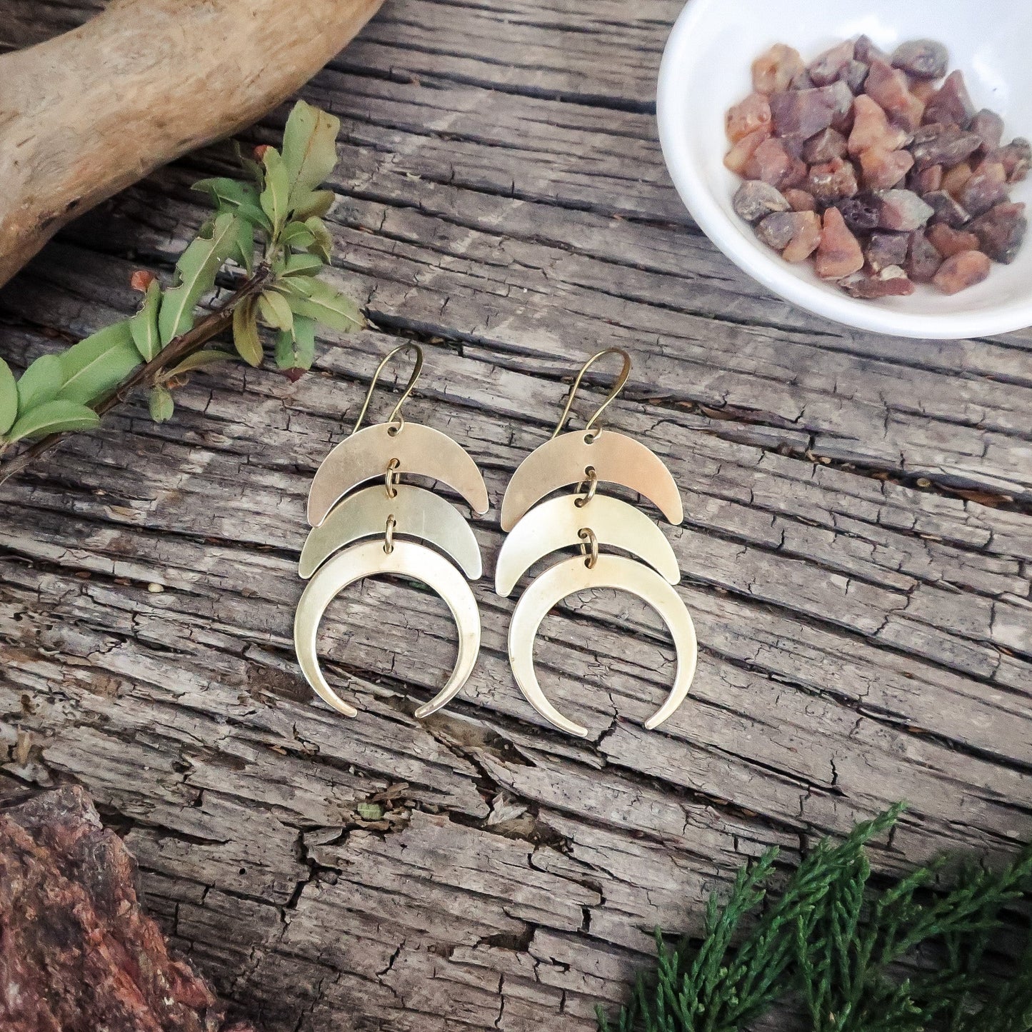 Celestial Triple Moon Earrings | Brass - Lotus Moon Atelier by Blackbird & Sage