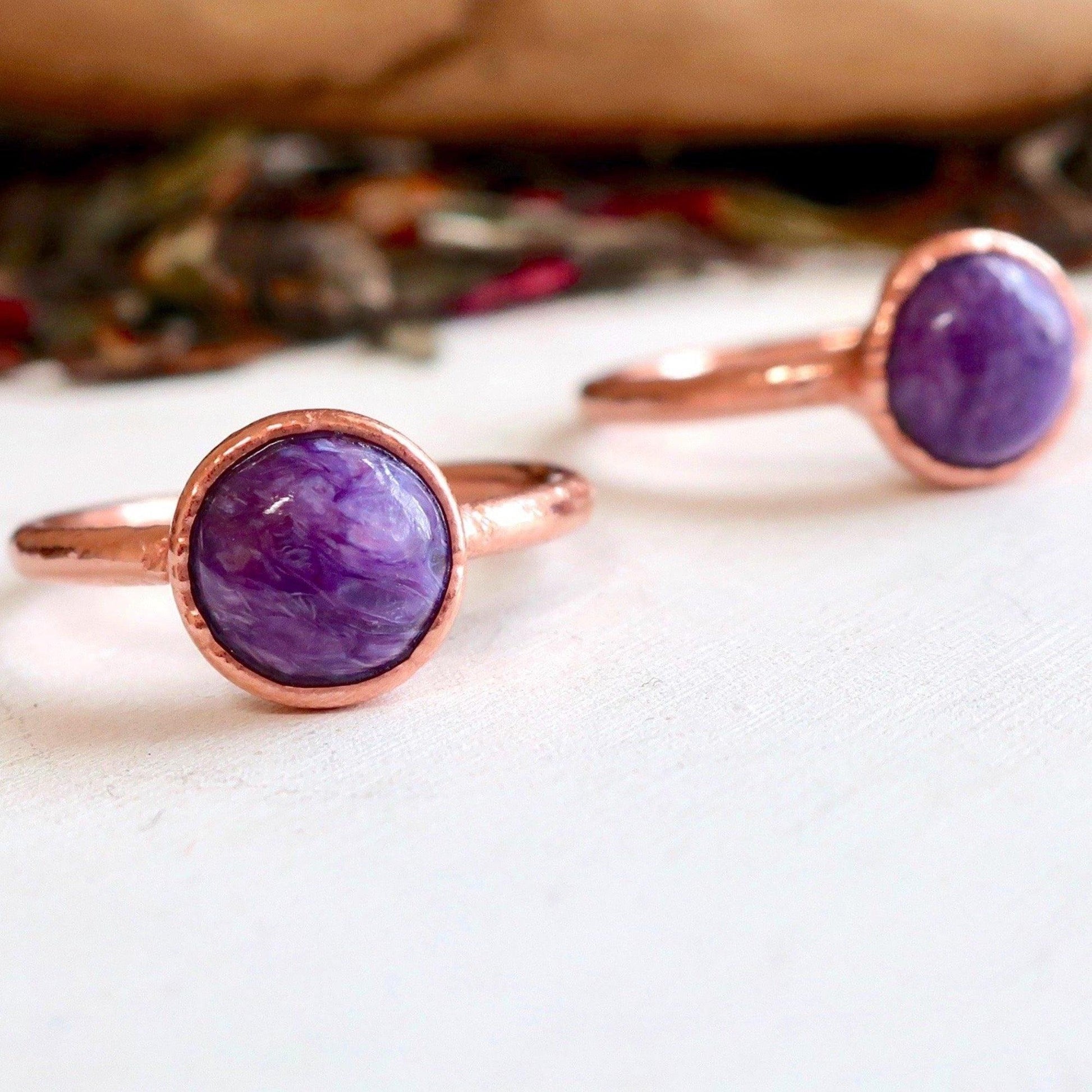 Charoite Copper Ring 8mm | Charoite Jewelry | Electroformed Copper Band - Blackbird & Sage