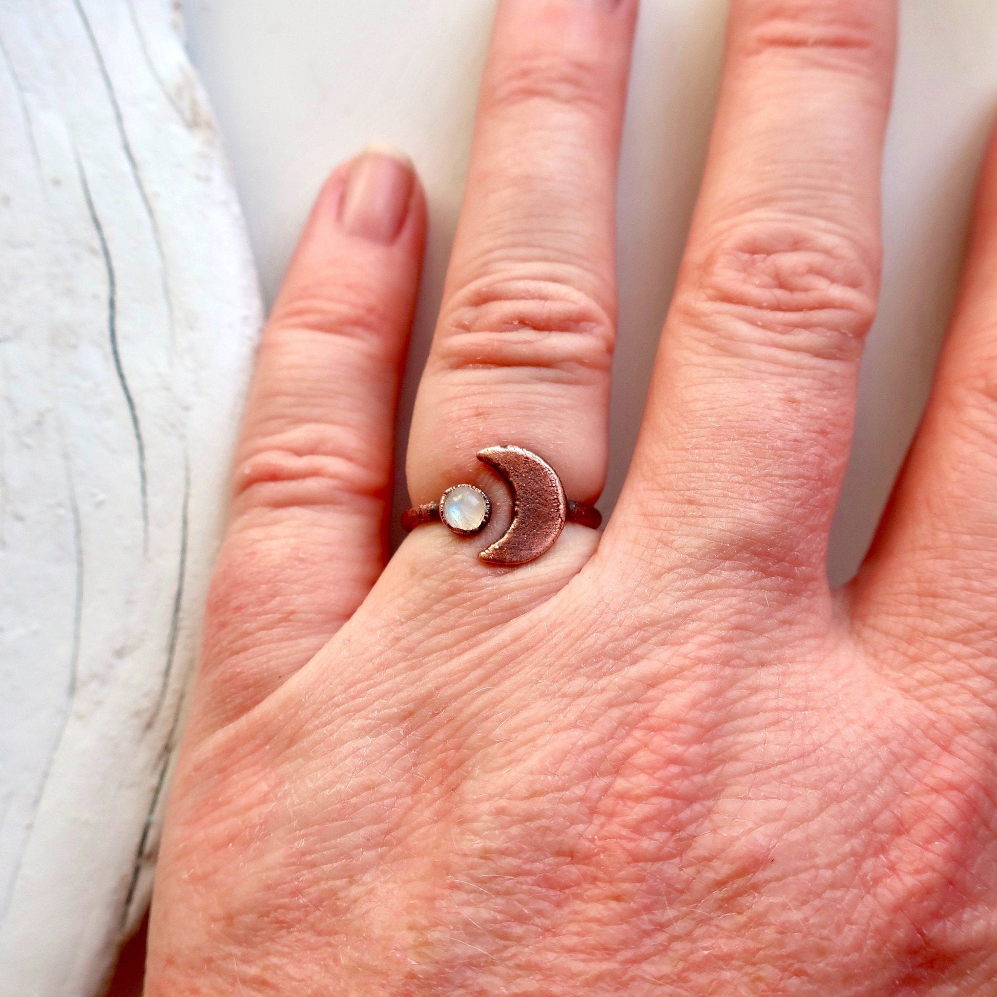 Copper Moon and Moonstone Open Ring, Moonstone Jewelry - Blackbird & Sage