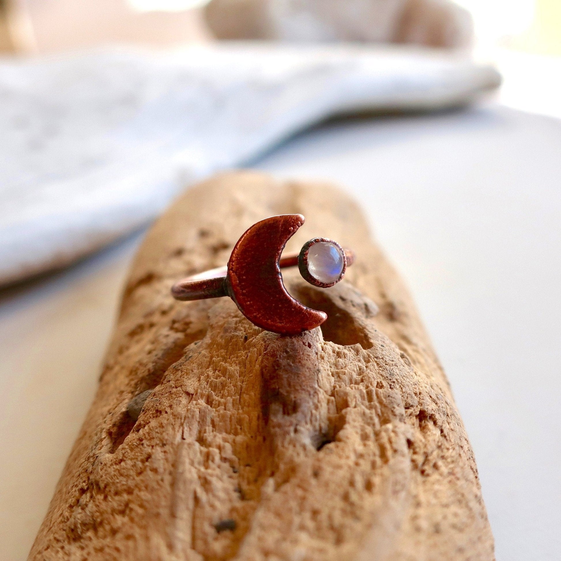 Copper Moon and Moonstone Open Ring, Moonstone Jewelry - Blackbird & Sage