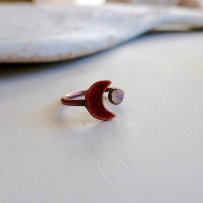 Copper Moon and Moonstone Open Ring, Moonstone Jewelry - Blackbird & Sage