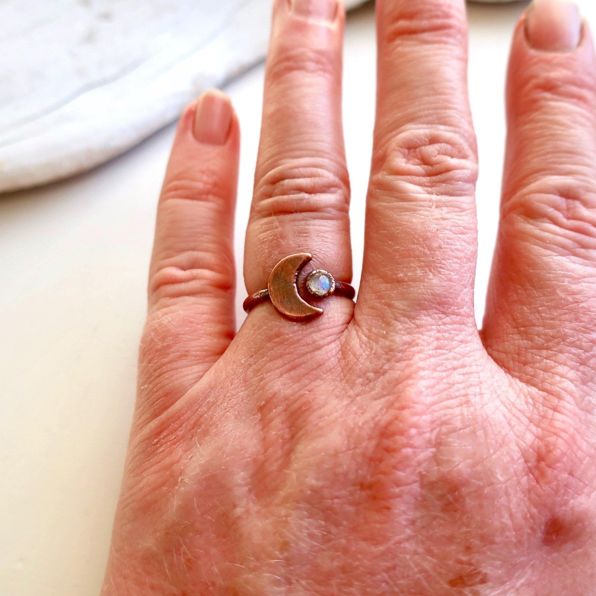 Crescent Moon and Labradorite Copper Ring - Blackbird & Sage