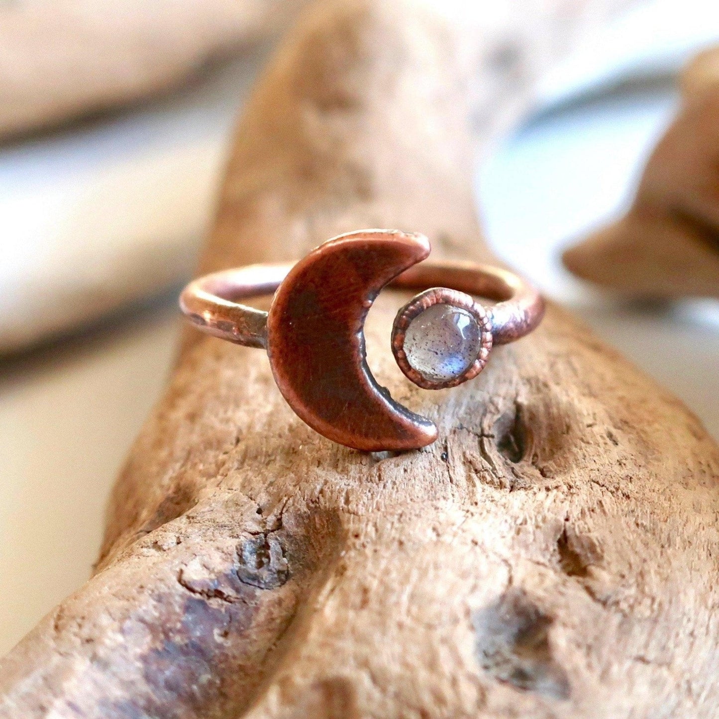 Crescent Moon and Labradorite Copper Ring - Blackbird & Sage