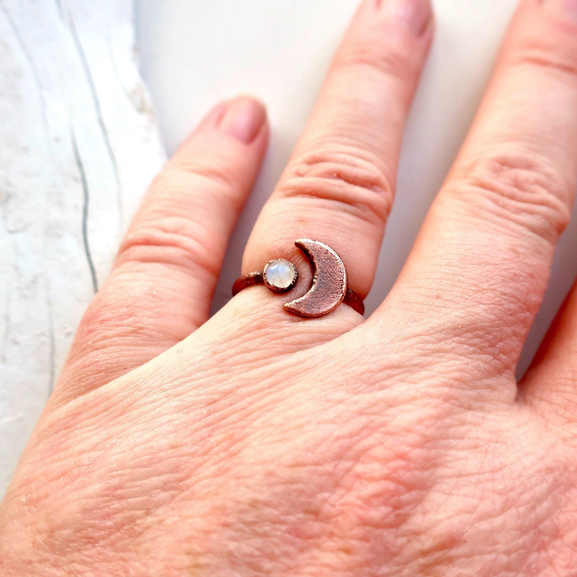 Crescent Moon and Moonstone Copper Ring - Blackbird & Sage