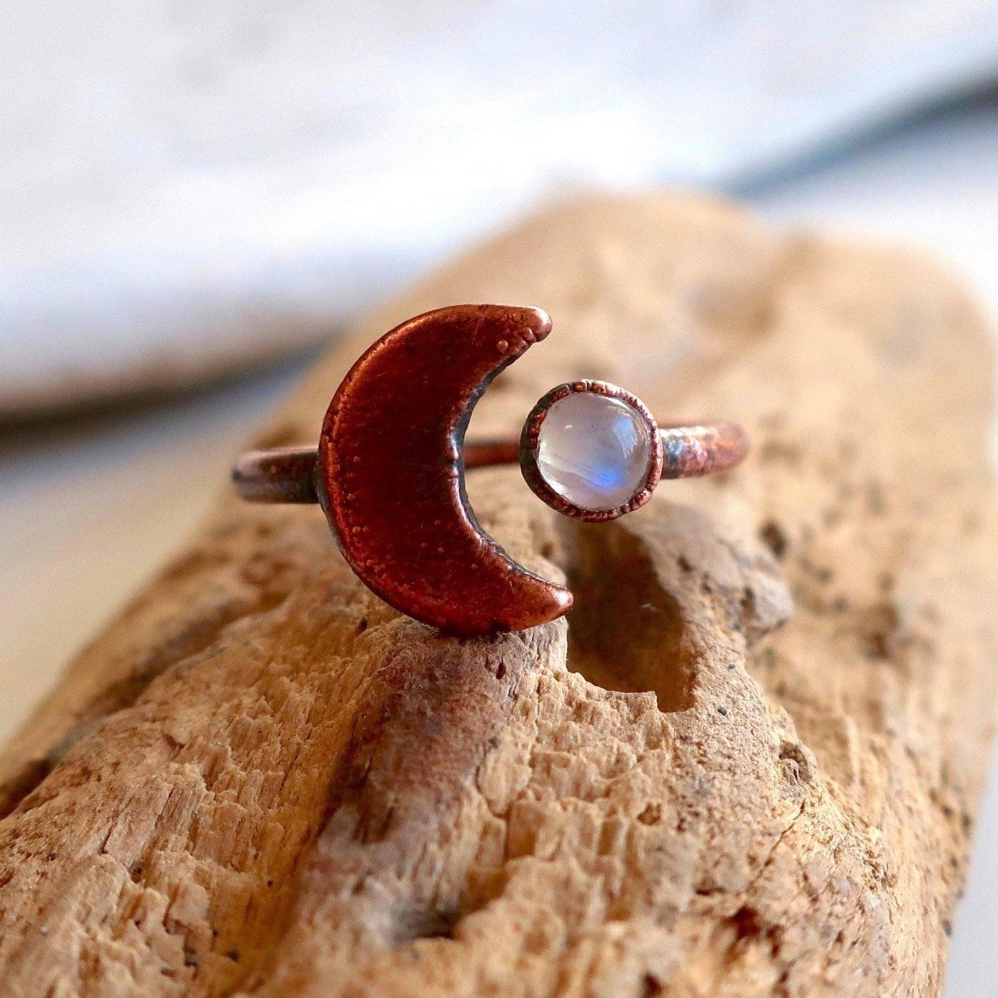 Crescent Moon and Moonstone Copper Ring - Blackbird & Sage