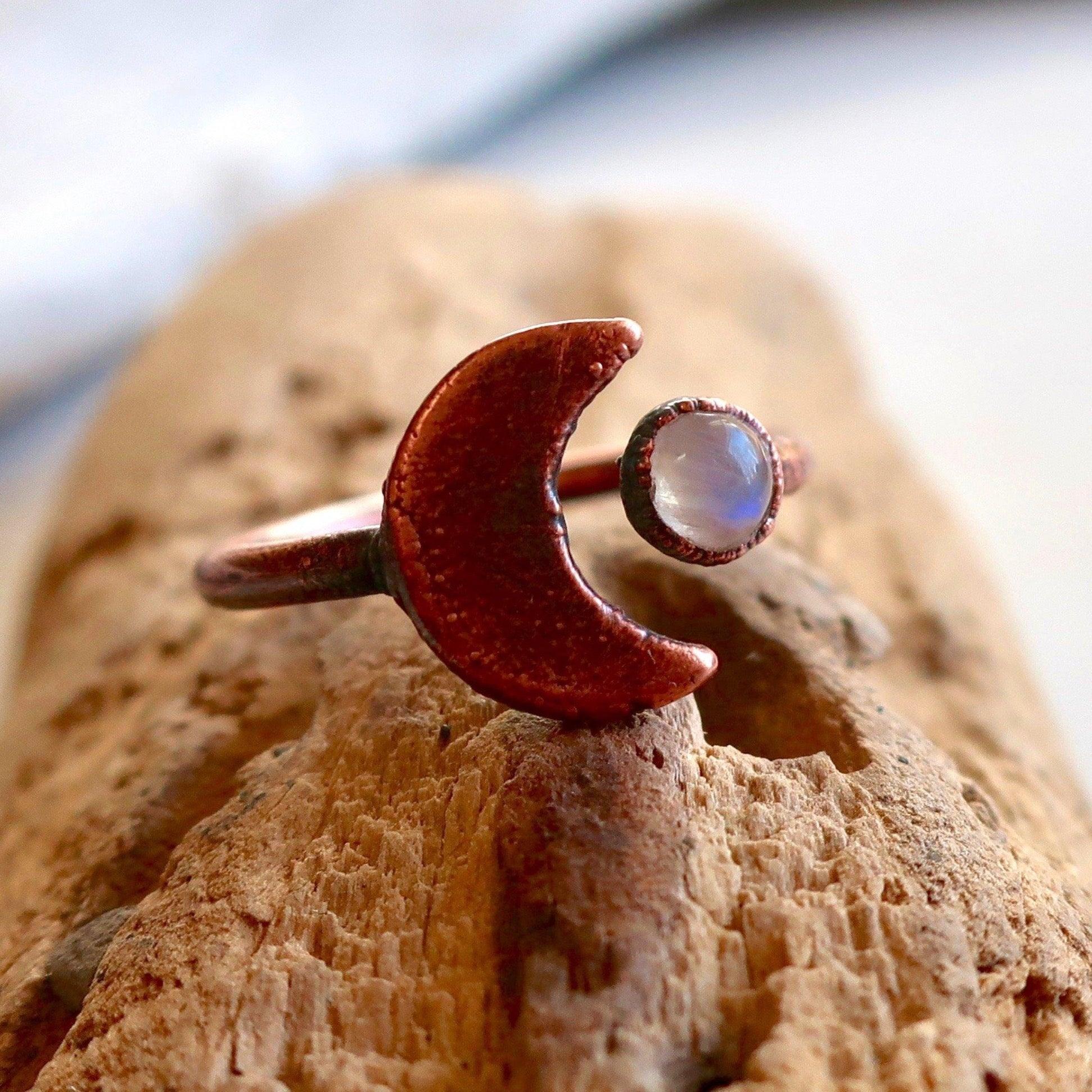 Crescent Moon and Moonstone Copper Ring - Blackbird & Sage