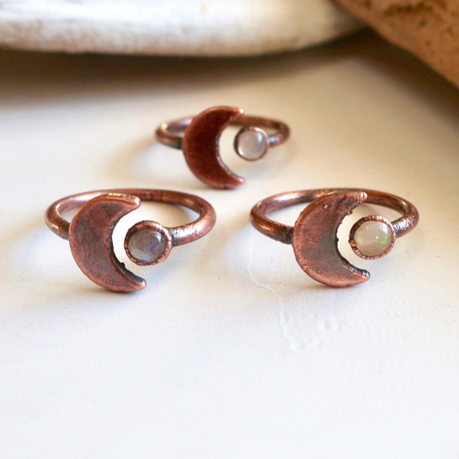 Crescent Moon and Moonstone Copper Ring - Blackbird & Sage