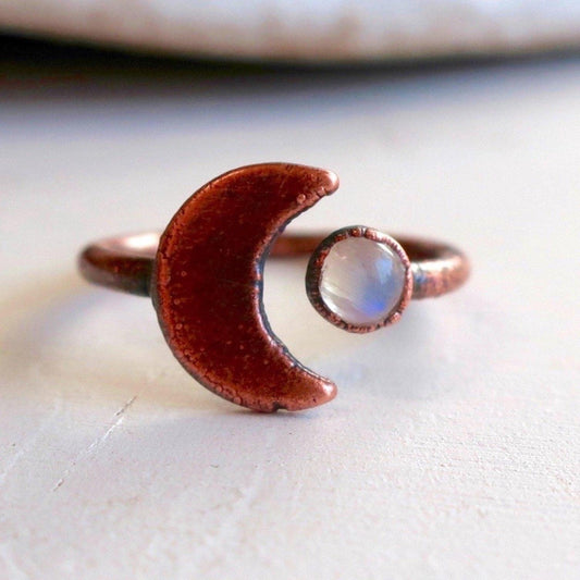 Crescent Moon and Moonstone Copper Ring - Blackbird & Sage