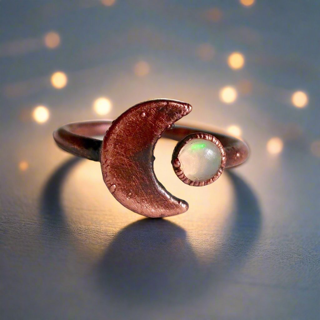 Crescent Moon and Opal Copper Ring - Blackbird & Sage