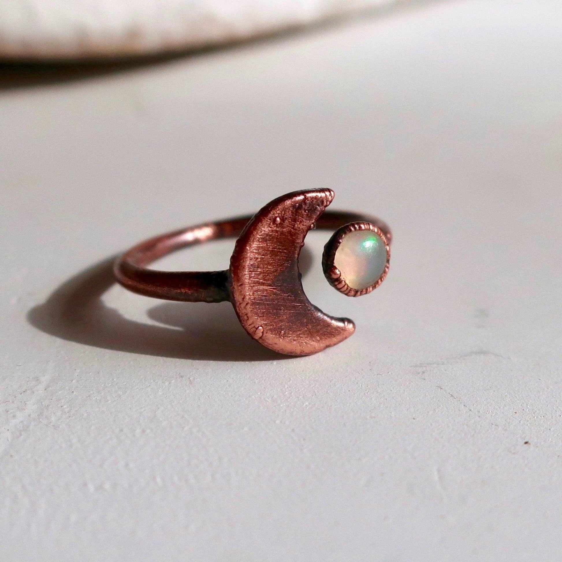 Crescent Moon and Opal Copper Ring - Blackbird & Sage