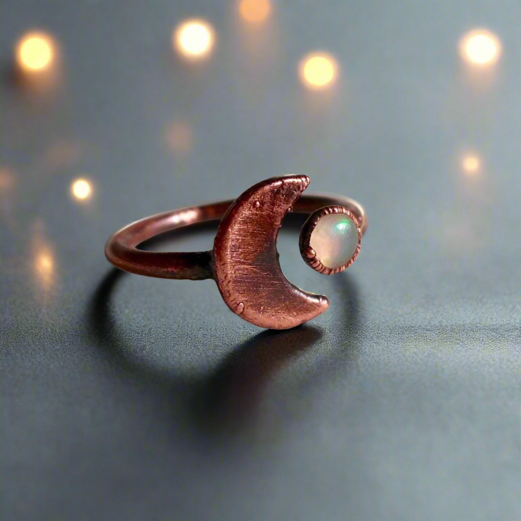 Crescent Moon and Opal Copper Ring - Blackbird & Sage