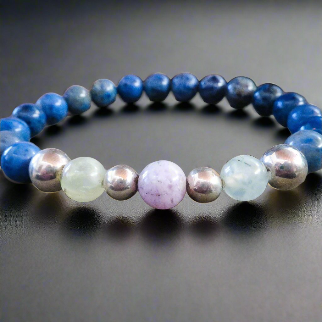 Dumortierite, Prehnite and Amethyst Beaded Bracelet - Blackbird & Sage