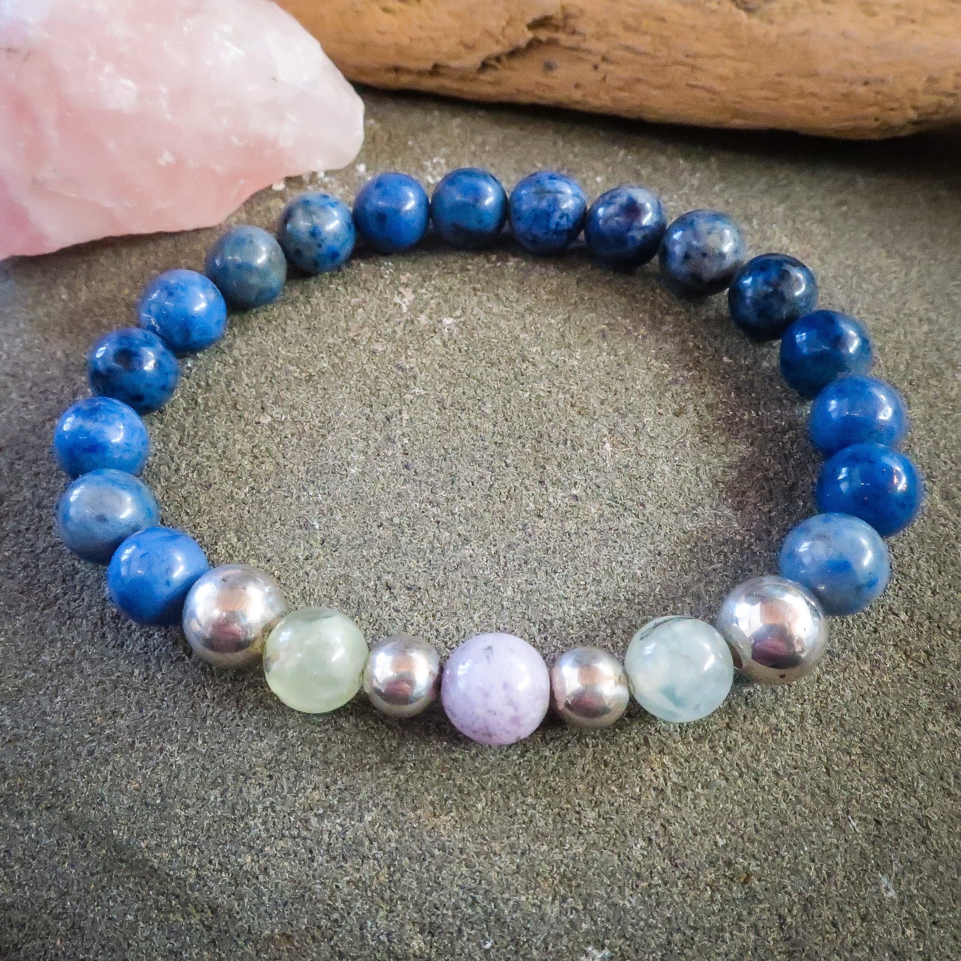 Dumortierite, Prehnite and Amethyst Beaded Bracelet - Blackbird & Sage