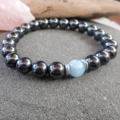 Hematite & Aquamarine Beaded Bracelet - Blackbird & Sage