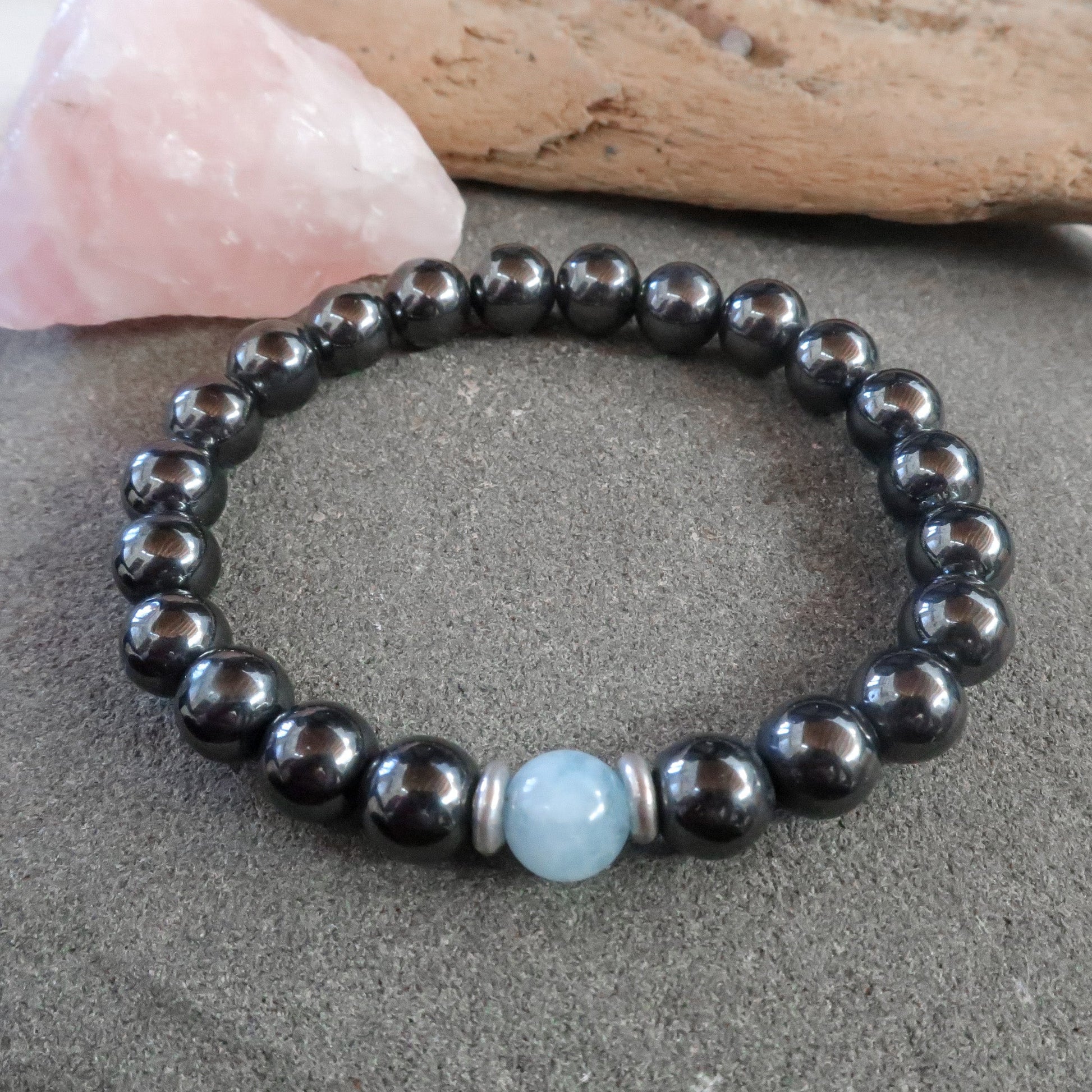 Hematite & Aquamarine Beaded Bracelet - Blackbird & Sage