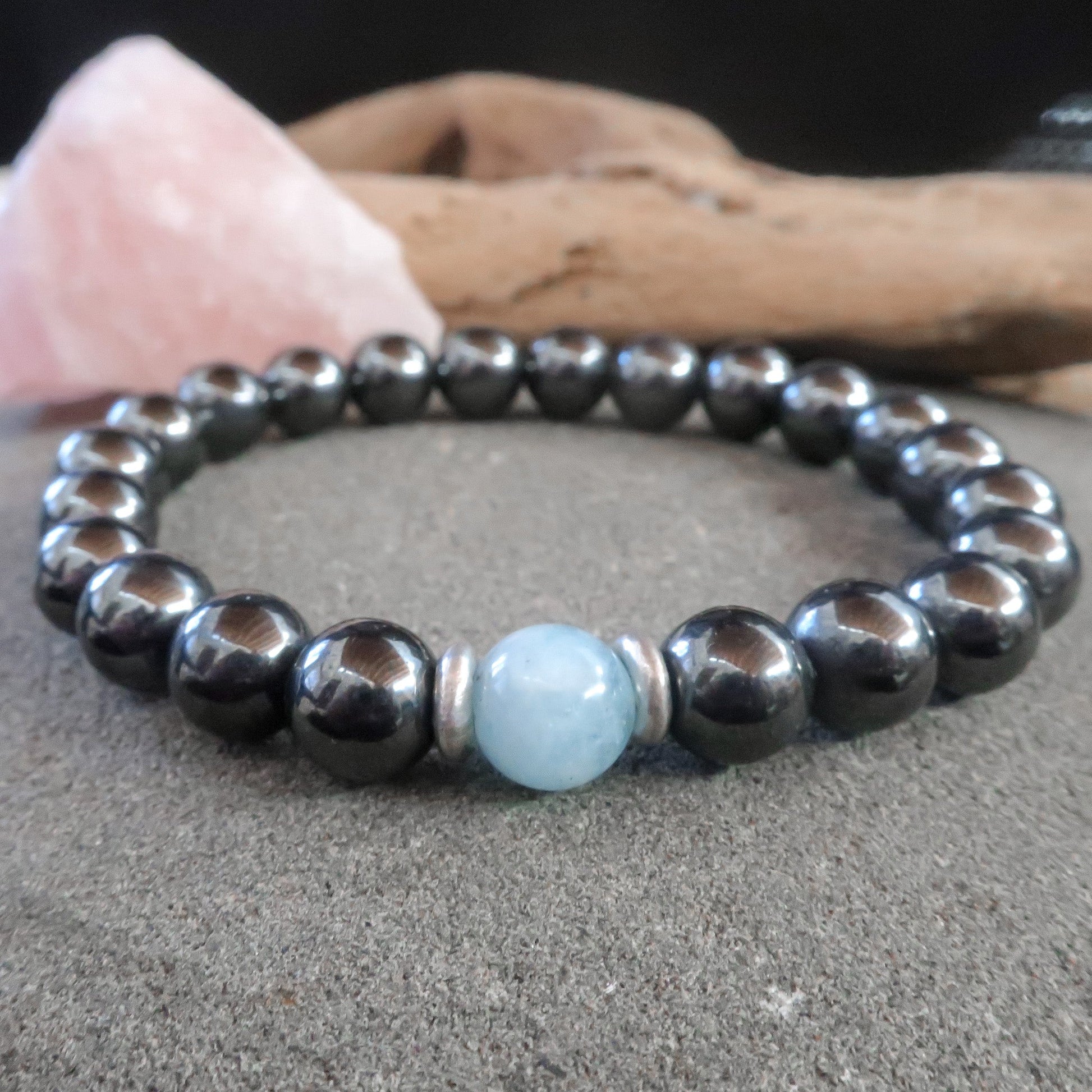 Hematite & Aquamarine Beaded Bracelet - Blackbird & Sage