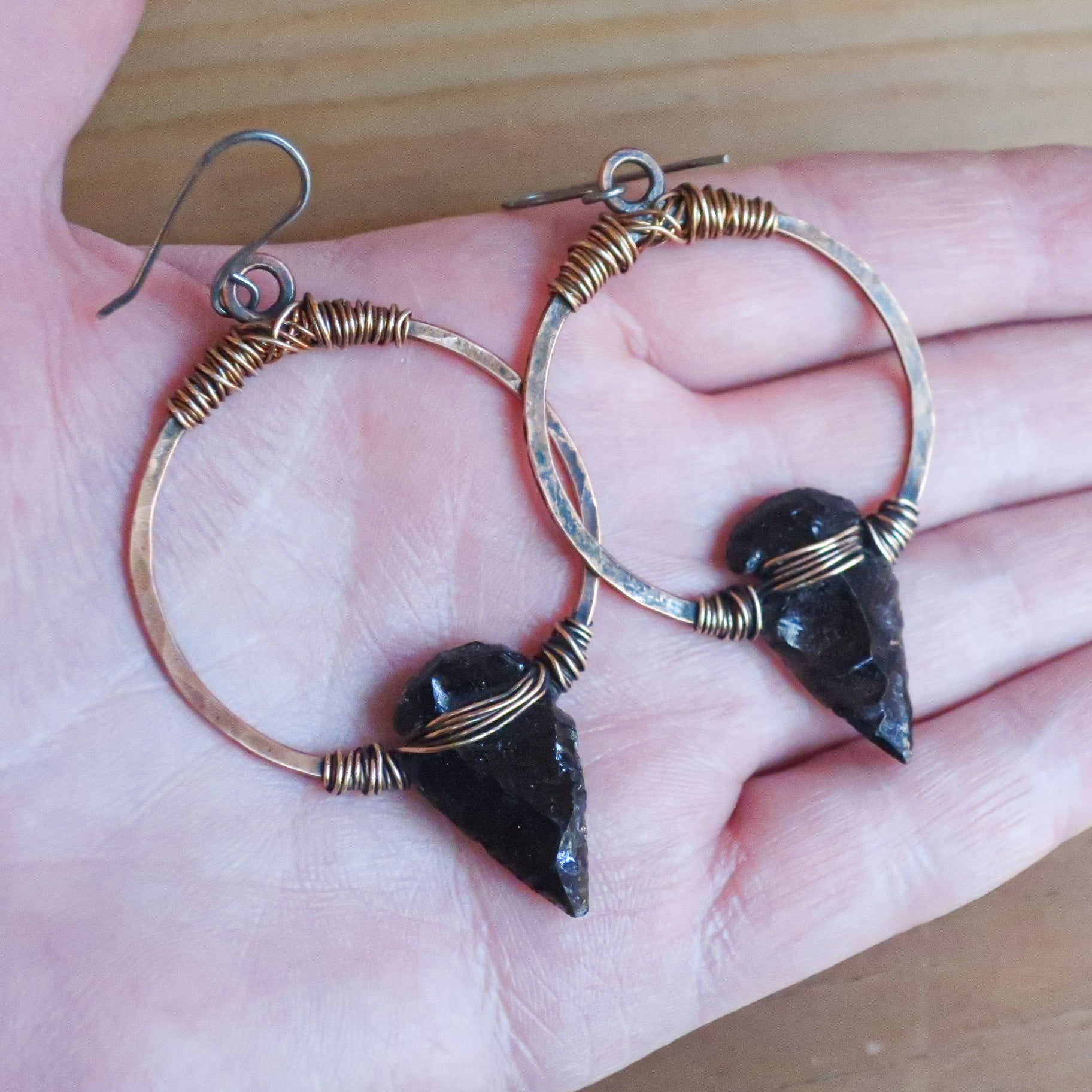 Obsidian Arrowhead Hoop Earrings | Bronze & Copper - Blackbird & Sage