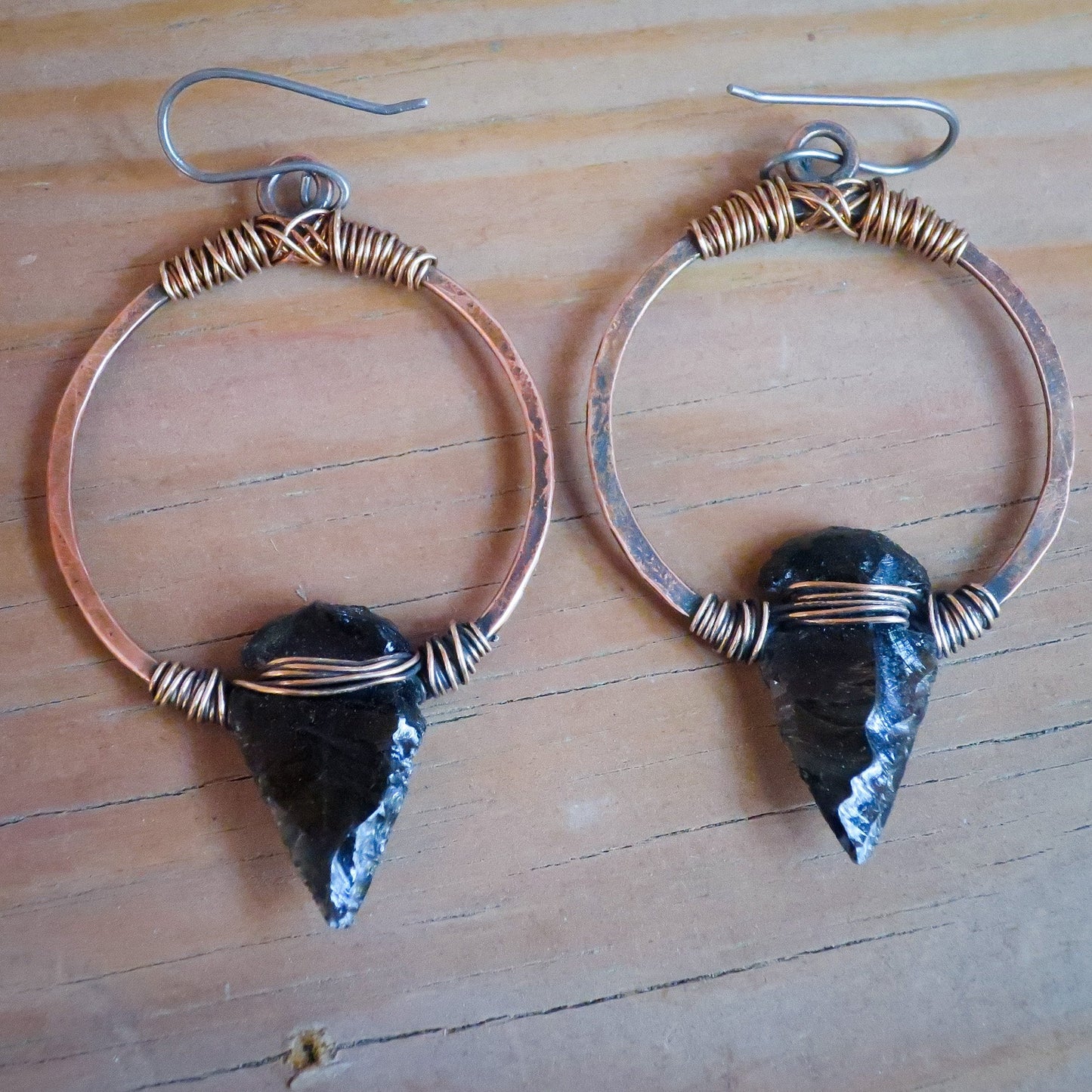 Obsidian Arrowhead Hoop Earrings | Bronze & Copper - Blackbird & Sage