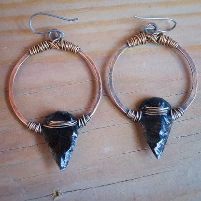 Obsidian Arrowhead Hoop Earrings | Bronze & Copper - Blackbird & Sage