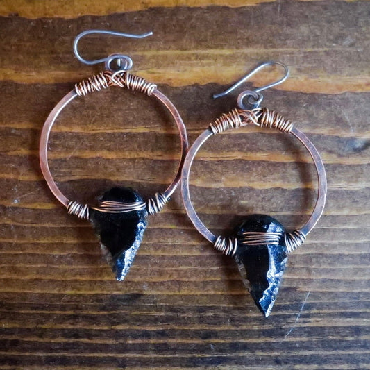 Obsidian Arrowhead Hoop Earrings | Bronze & Copper - Blackbird & Sage