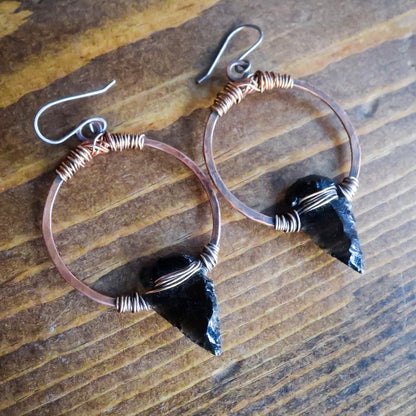 Obsidian Arrowhead Hoop Earrings | Bronze & Copper - Blackbird & Sage