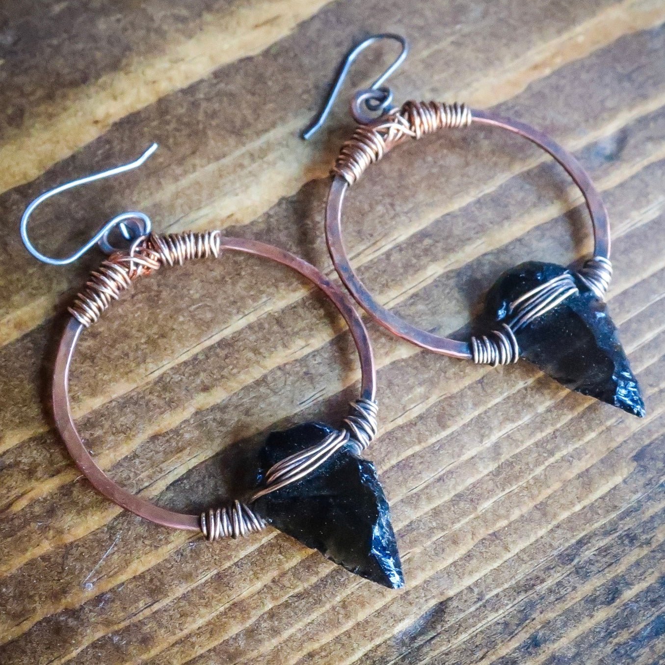 Obsidian Arrowhead Hoop Earrings | Bronze & Copper - Blackbird & Sage