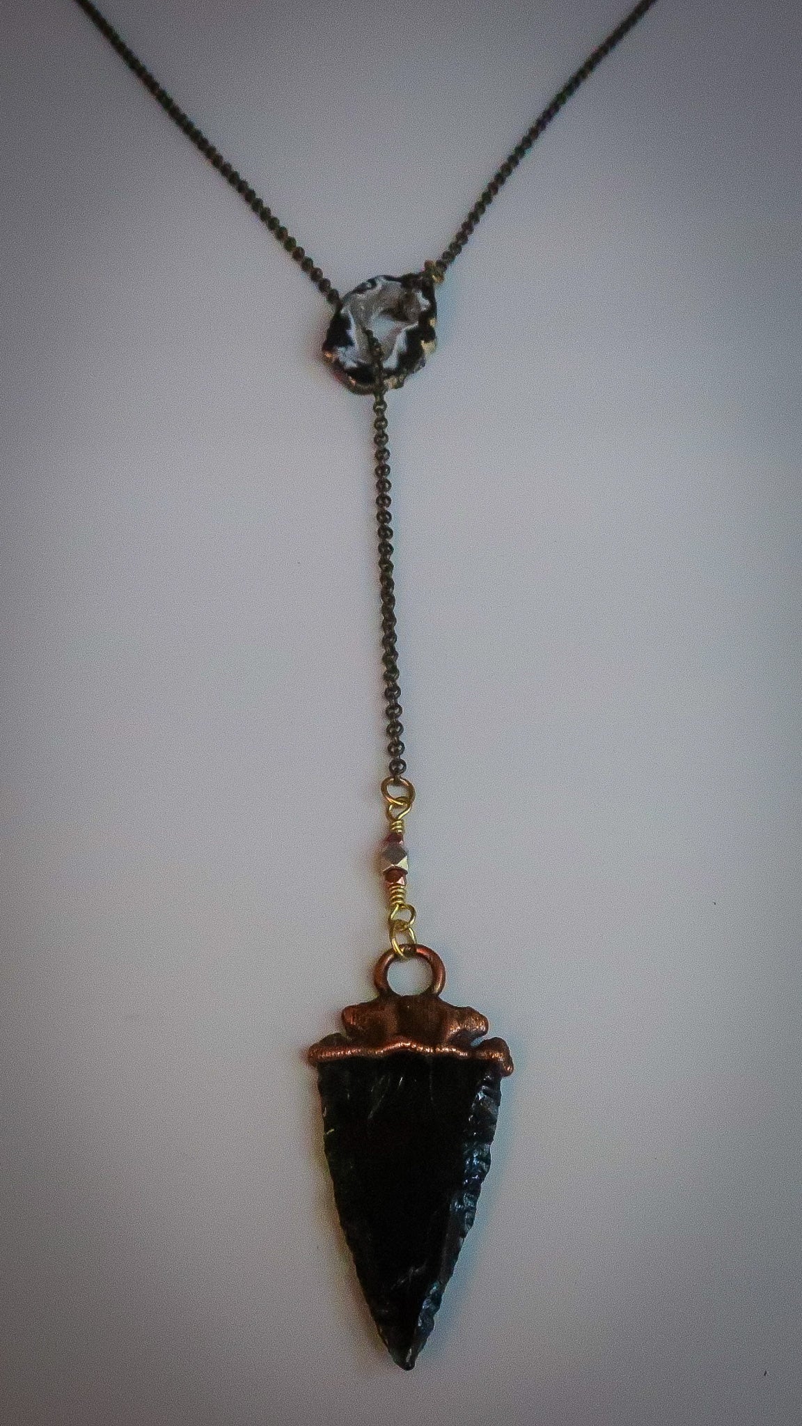 Obsidian Arrowhead Lariat Necklace | Brass & Copper - Blackbird & Sage