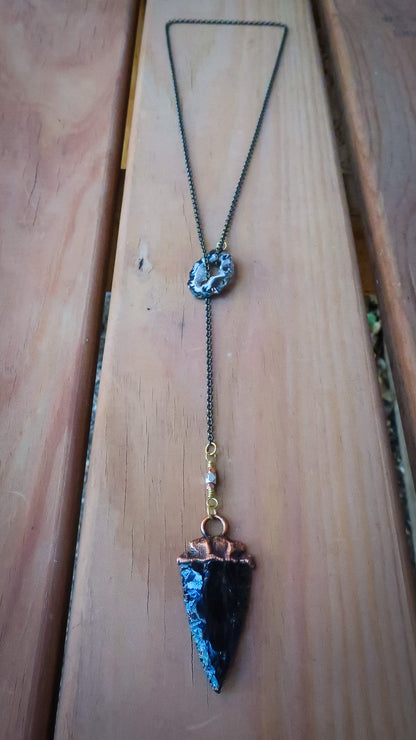 Obsidian Arrowhead Lariat Necklace | Brass & Copper - Blackbird & Sage