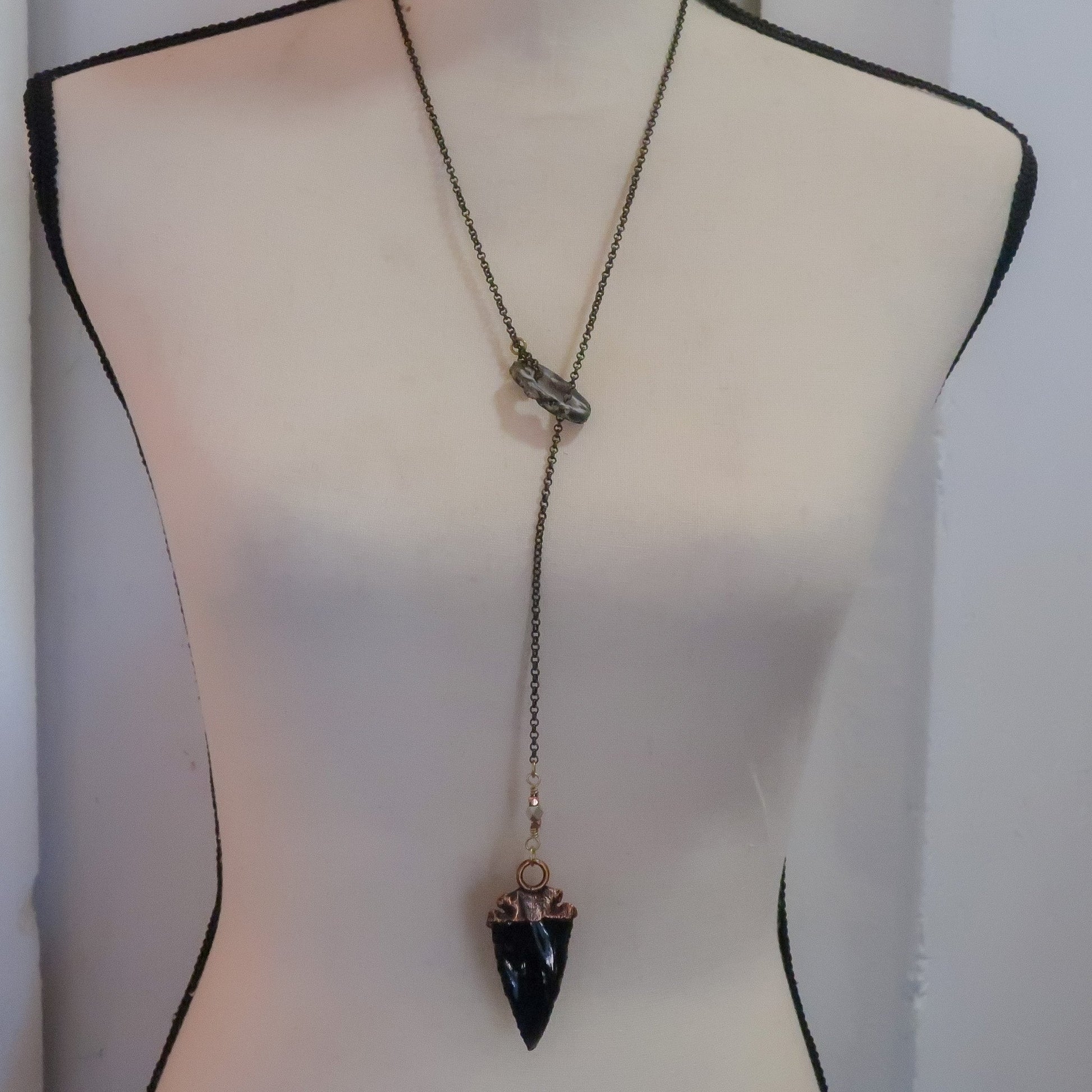 Obsidian Arrowhead Lariat Necklace | Brass & Copper - Blackbird & Sage