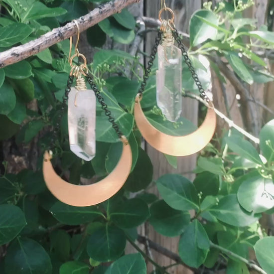 Energy Amplifier Quartz Moon Earrings | Brass - Blackbird & Sage