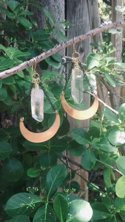 Energy Amplifier Quartz Moon Earrings | Brass - Blackbird & Sage