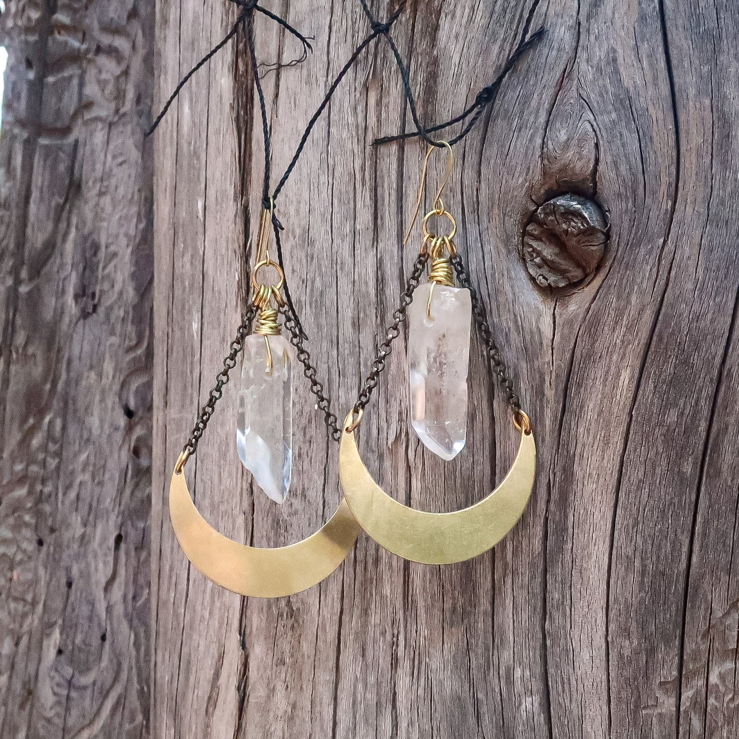 Energy Amplifier Quartz Moon Earrings | Brass - Blackbird & Sage